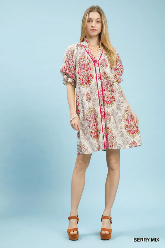 Mix Paisley Puff Sleeve Button-Front Dress