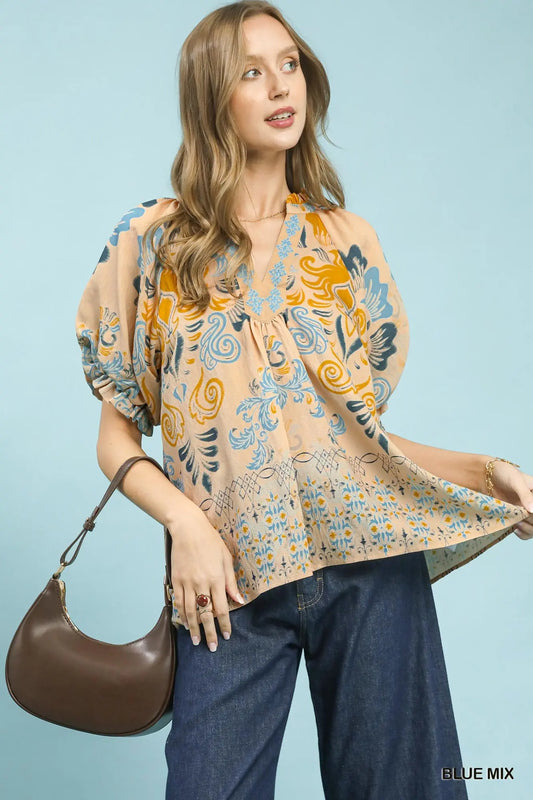 Puff Sleeve V-Neck Blouse