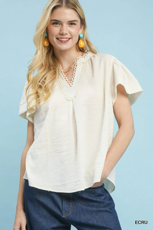 Seersucker Short Sleeve Top- Cream
