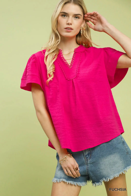 Seersucker Short Sleeve Top- Fuchsia