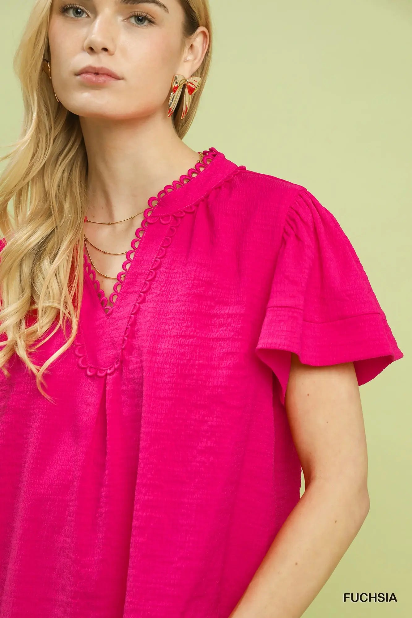 Seersucker Short Sleeve Top- Fuchsia