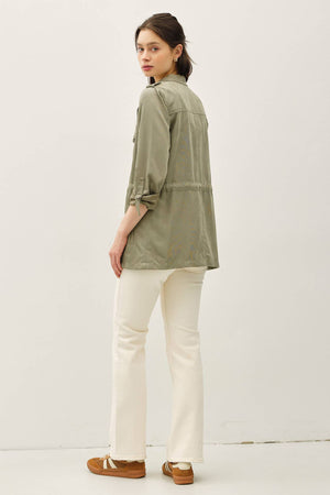 Cinched Waist Cargo Utility Jacket-Sage
