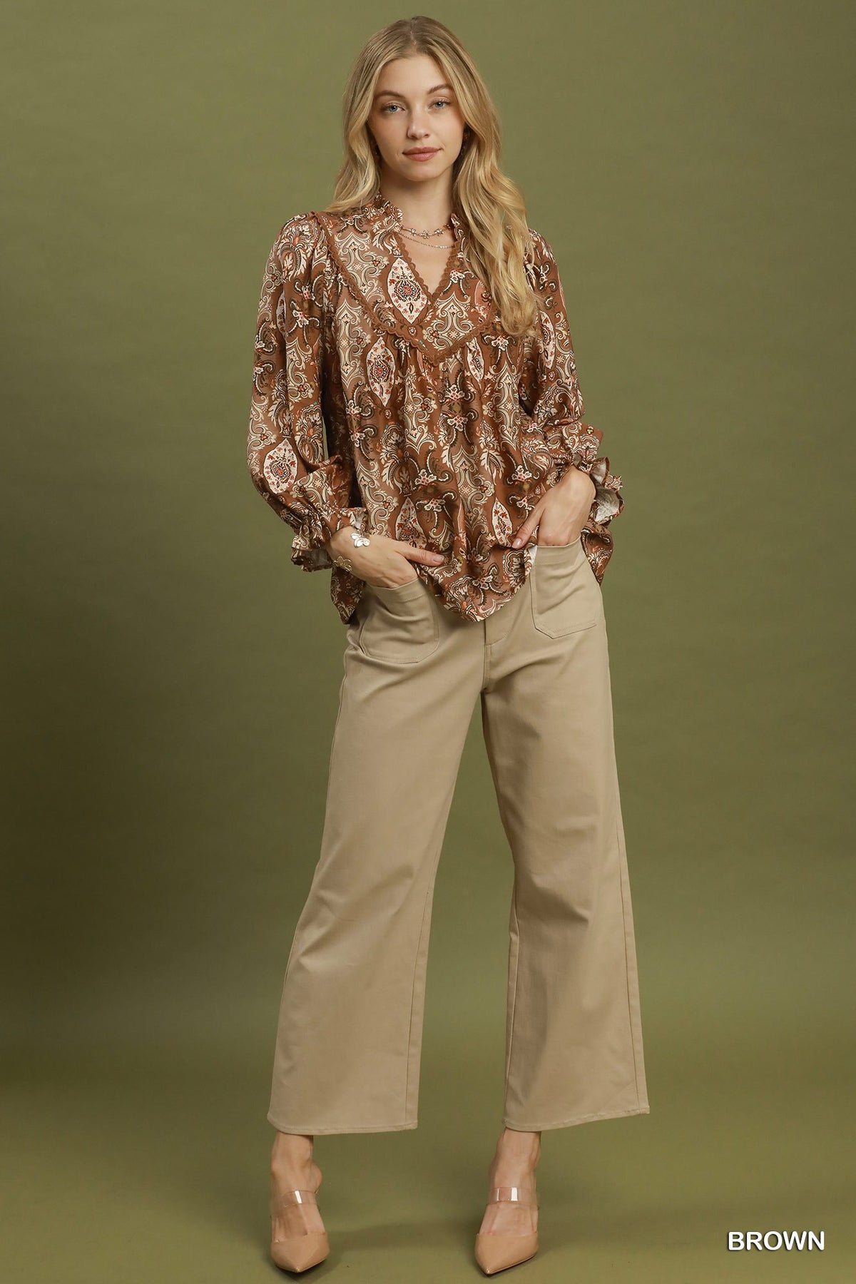 Paisley Print Babydoll Blouse-Brown