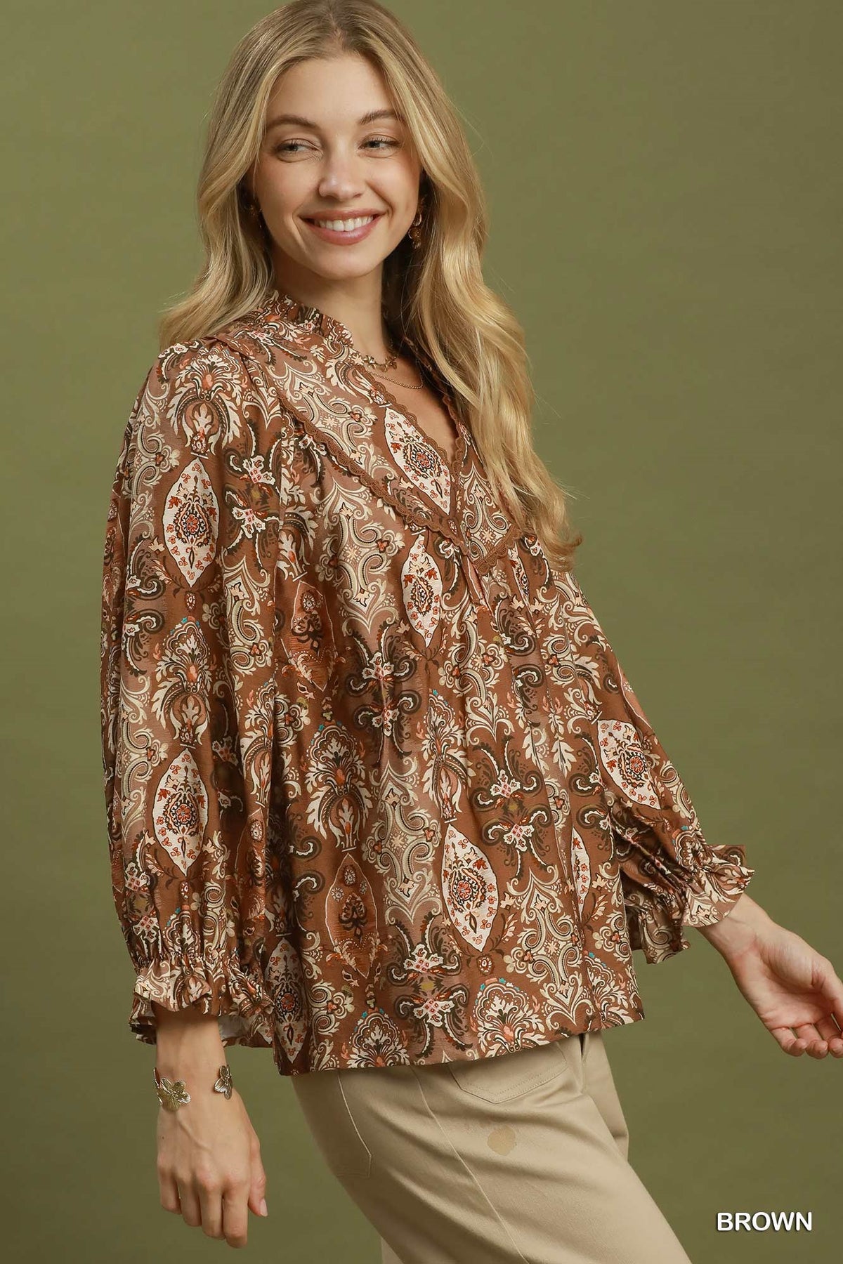 Paisley Print Babydoll Blouse-Brown