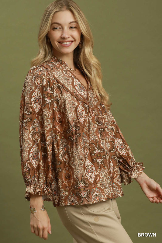 Paisley Print Babydoll Blouse-Brown
