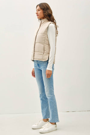 Suede Puffer Vest-Beige