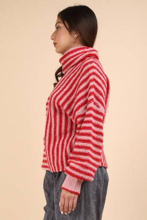 Mock Neck Soft Striped-Pink