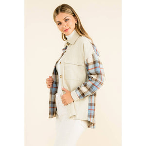 Mixed Media Button Up Jacket-Beige