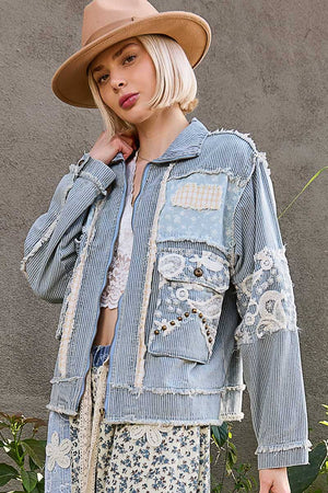 The Alexa Lace Patchwork Jacket-Stripped Denim