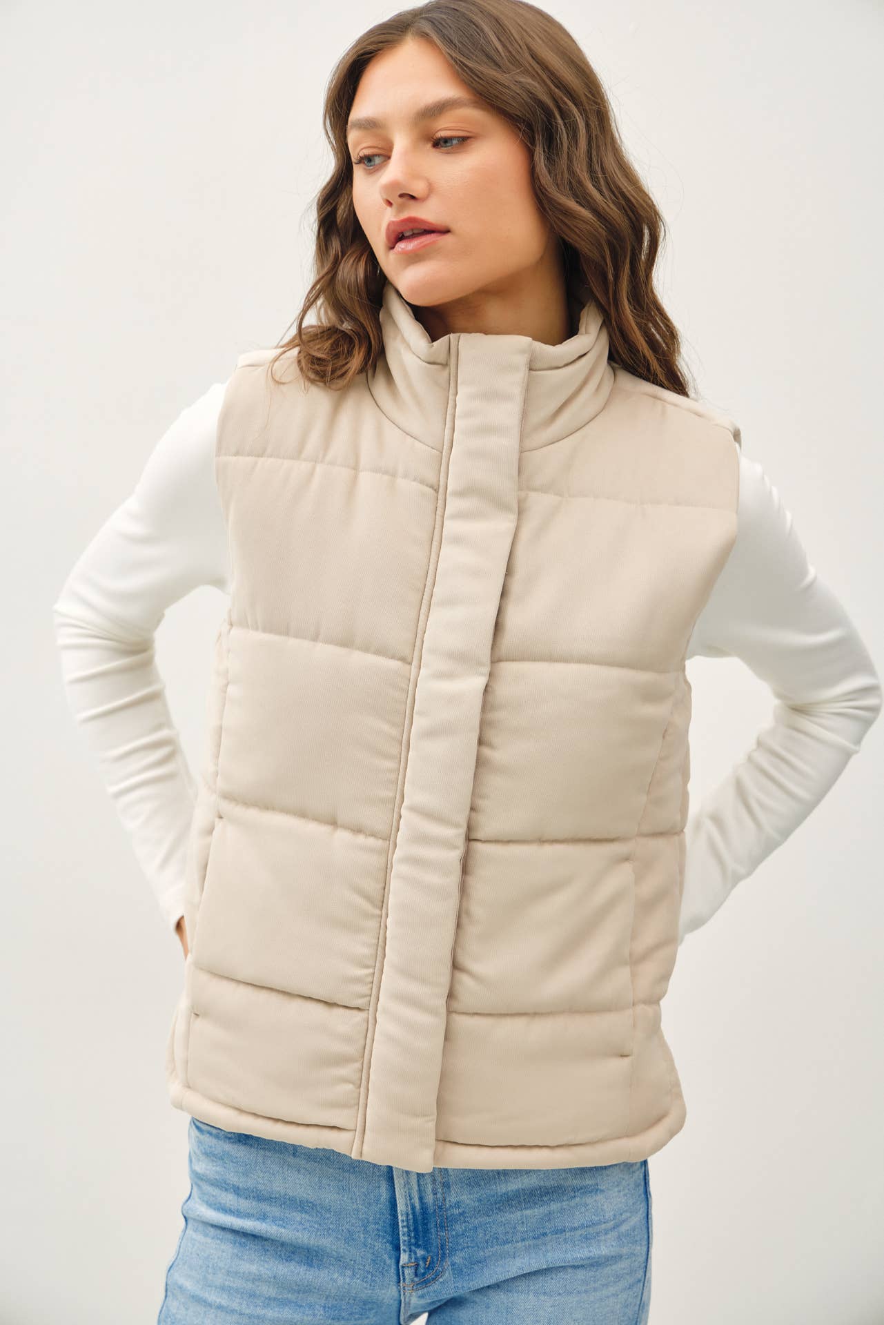 Suede Puffer Vest-Beige