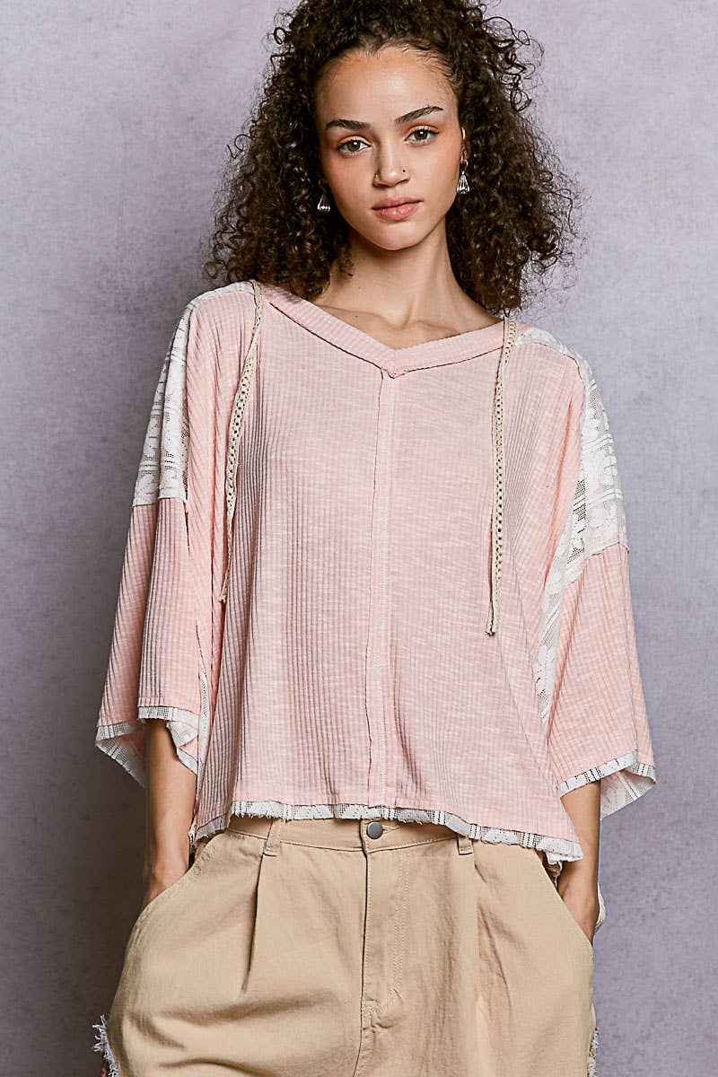 Lace Patch V-Neck-Pink