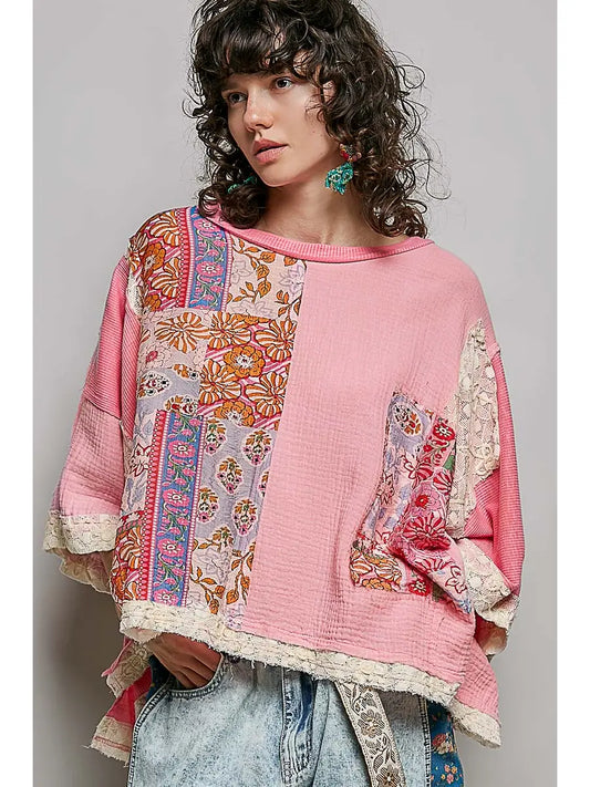 Round Neck Double Gauze Floral Woven Top