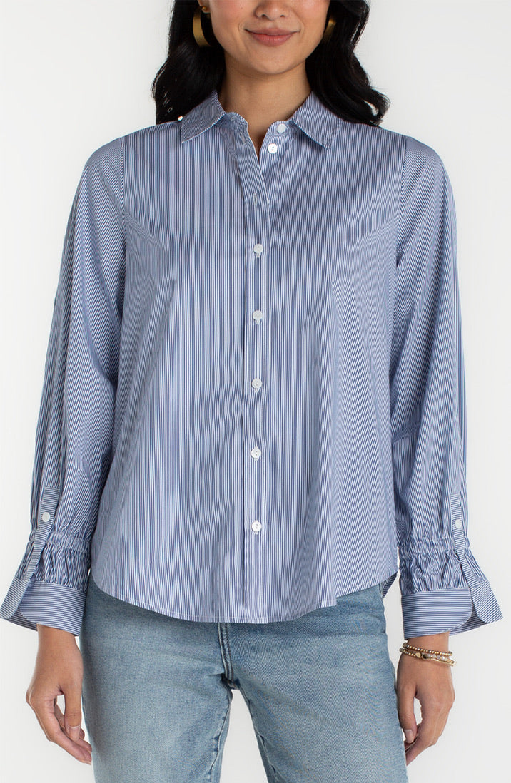 Adjustable Sleeve Button Front Woven Top