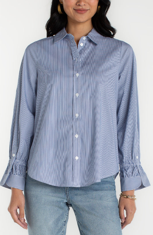 Adjustable Sleeve Button Front Woven Top