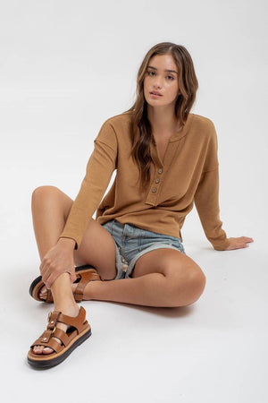 Half Button V-Neck Top-Almond