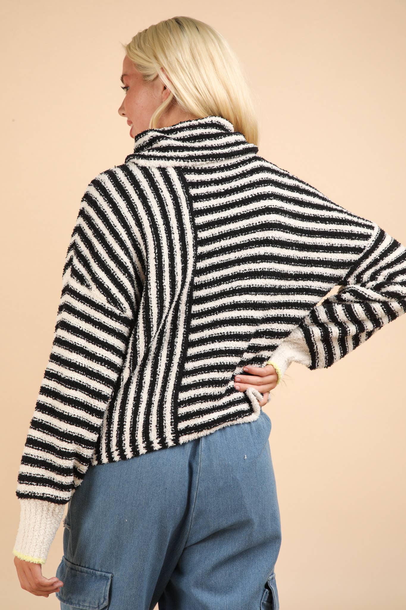 Mock Neck Soft Striped-Black