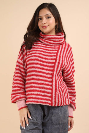 Mock Neck Soft Striped-Pink