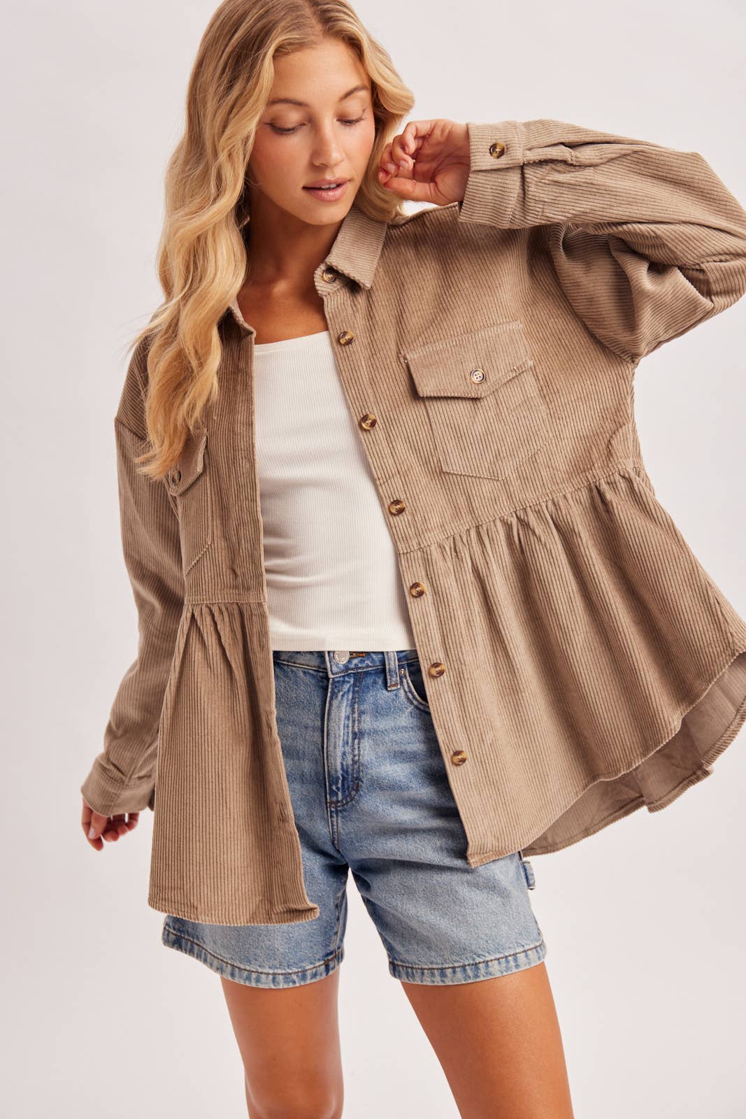 Corduroy Peplum Shacket-Camel