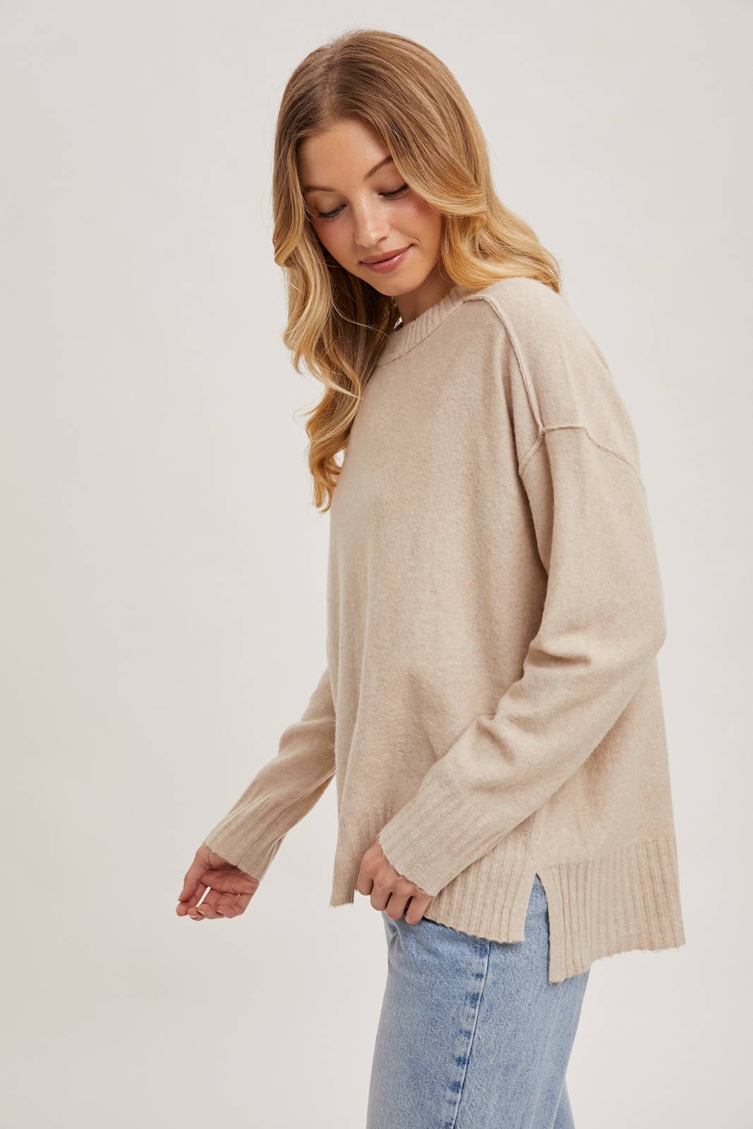 Crew Neck Knit Sweater-Beige