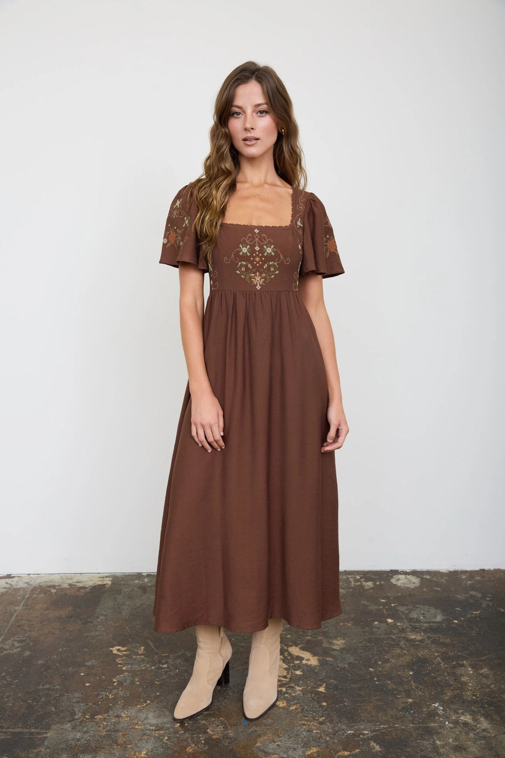 Bell Sleeve Midi Dress-Chocolate