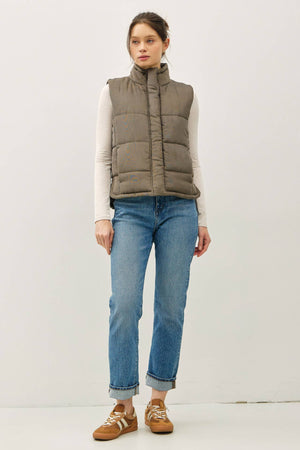 Suede Puffer Vest-Olive