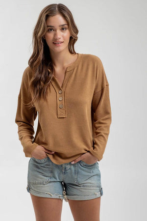 Half Button V-Neck Top-Almond