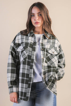 Checkered Casual Flannel Shacket -Olive