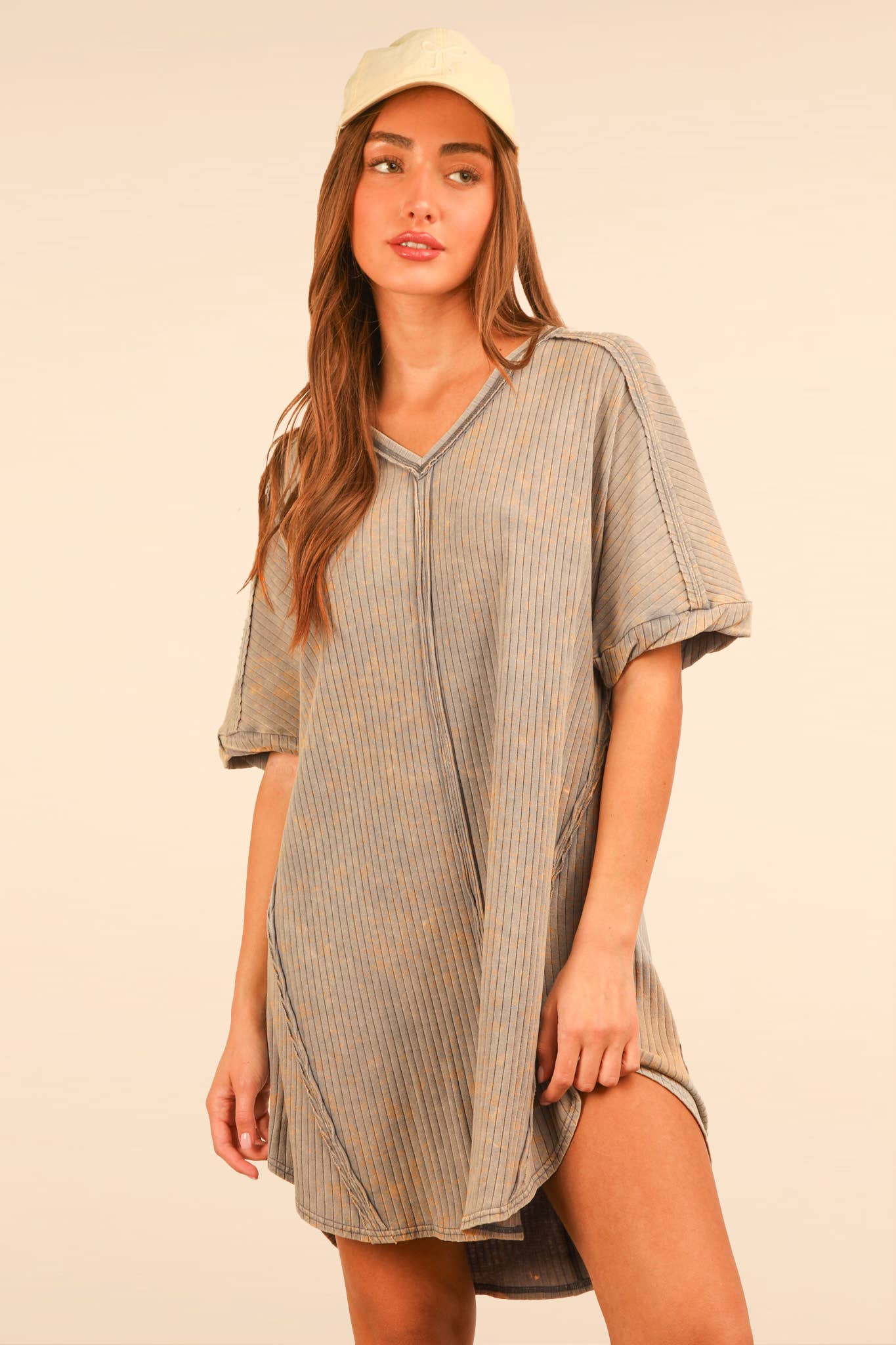 Mineral Washed Ribbed Knit Dress-Denim