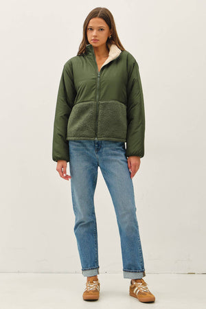 Reversible Sherpa Block Puffer Green/Tan