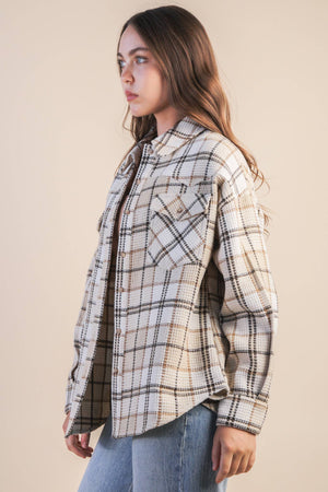 Checkered Casual Flannel Shacket-Cream
