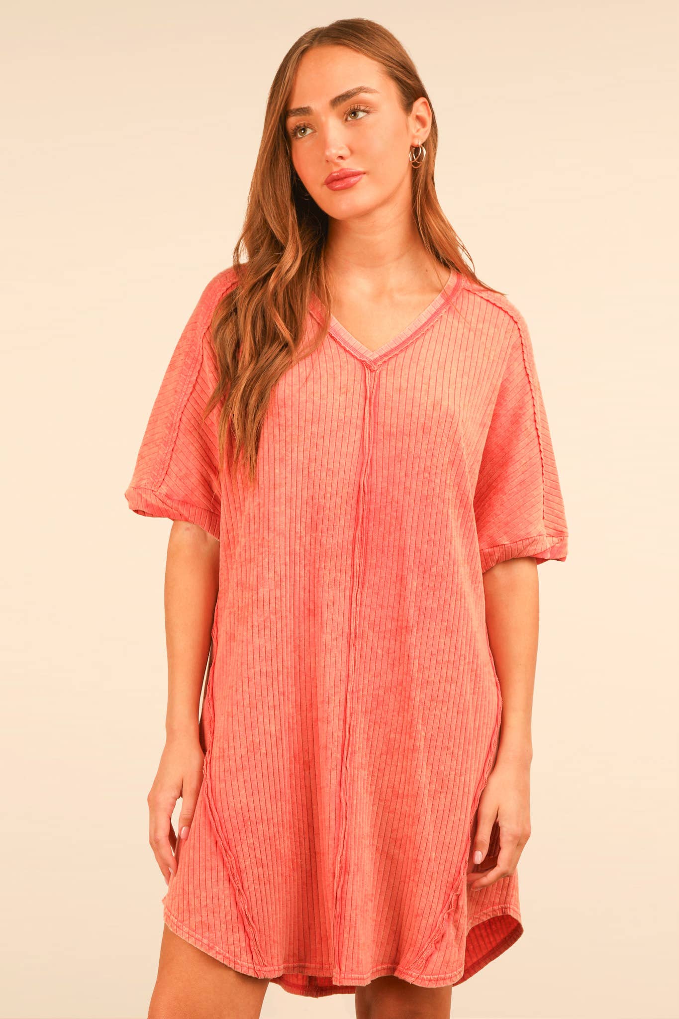 Mineral Washed Ribbed  Dress-Coral