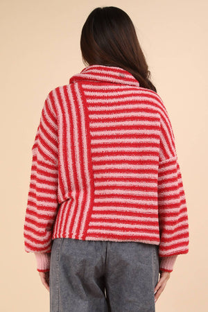 Mock Neck Soft Striped-Pink