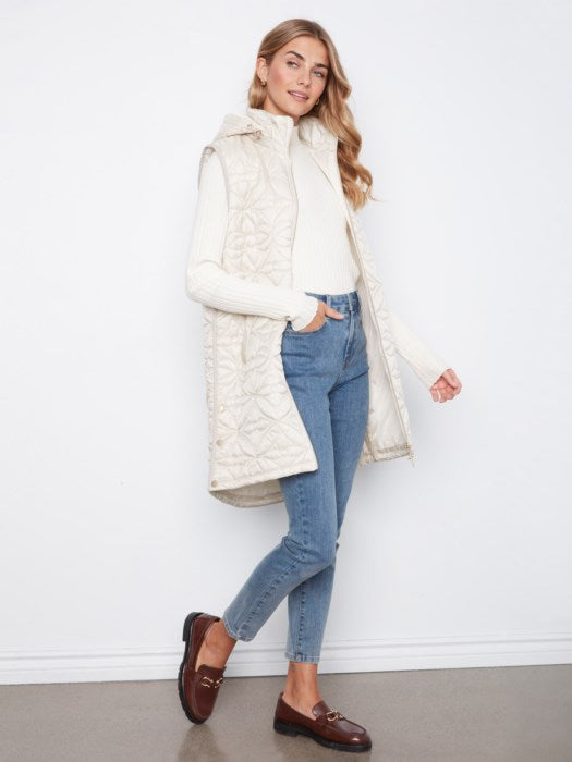 Charlie B-Long Hooded Puffer Vest- Pearl