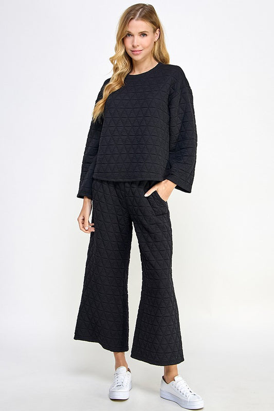 Wide Leg Quilted Pants-Black