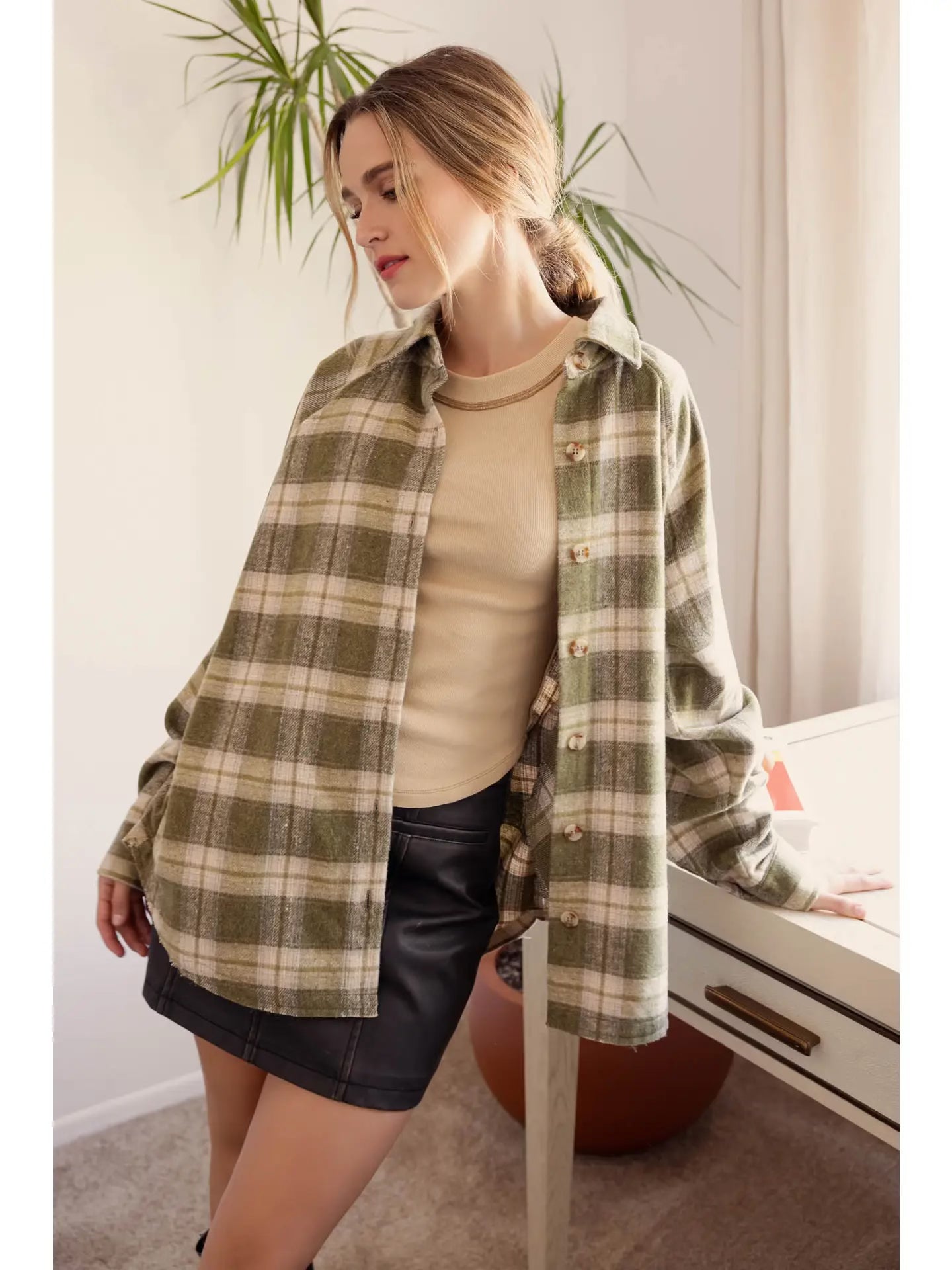 Plaid Shacket- Olive