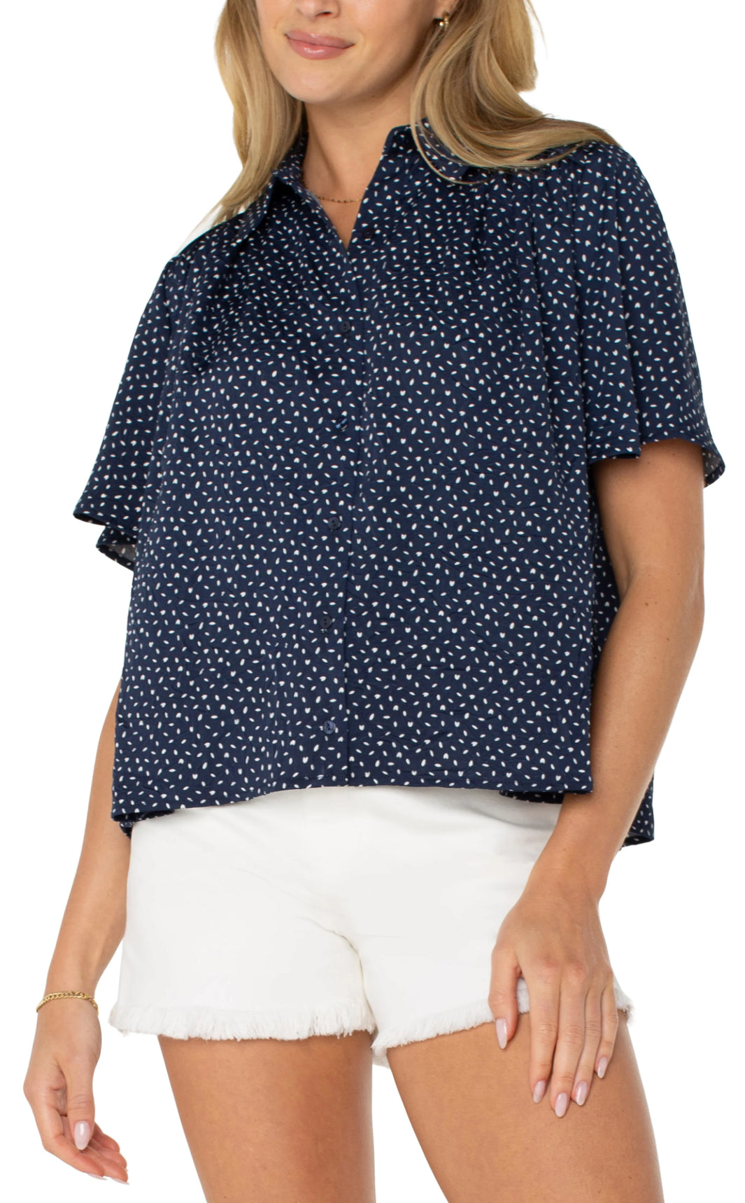 Liverpool-1/2 Sleeve Shirred Top-Navy