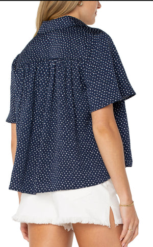 Liverpool-1/2 Sleeve Shirred Top-Navy