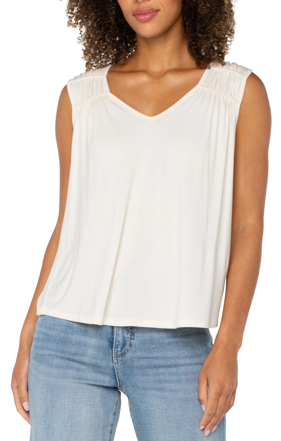 Sleeveless Shirred Detail Knit Top- Whipped Cream