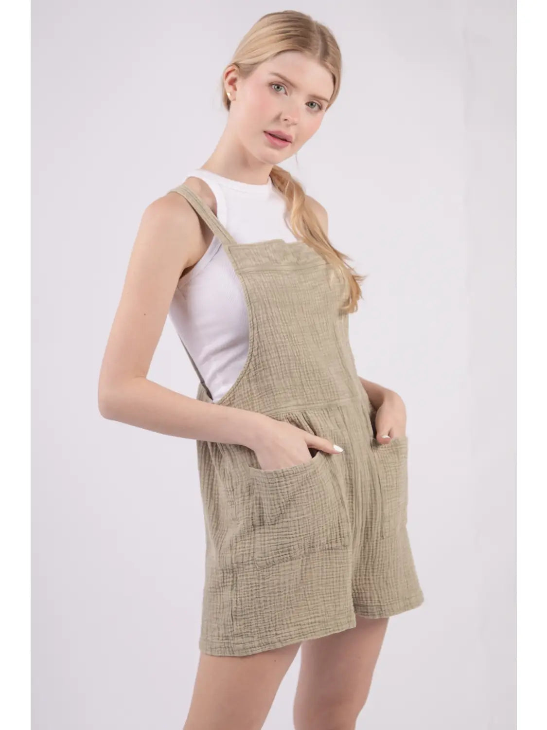 Mineral Washed Overall Romper-Sage