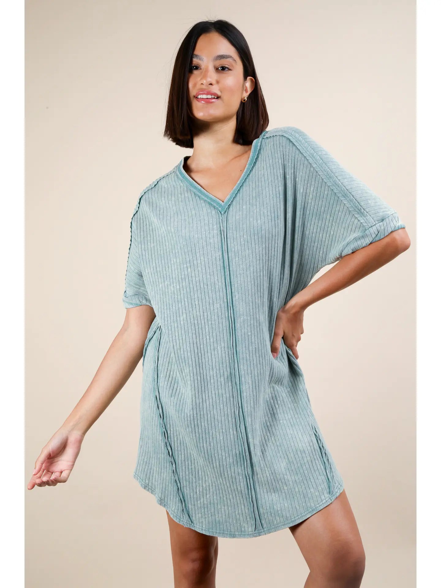 Mineral Washed Ribbed Dress-Green