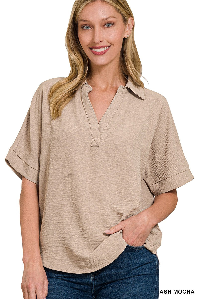 Woven Collard Top-Ash Mocha