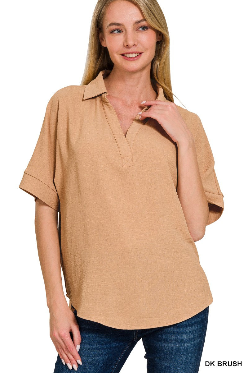 Woven Collard Top-Dark Brush