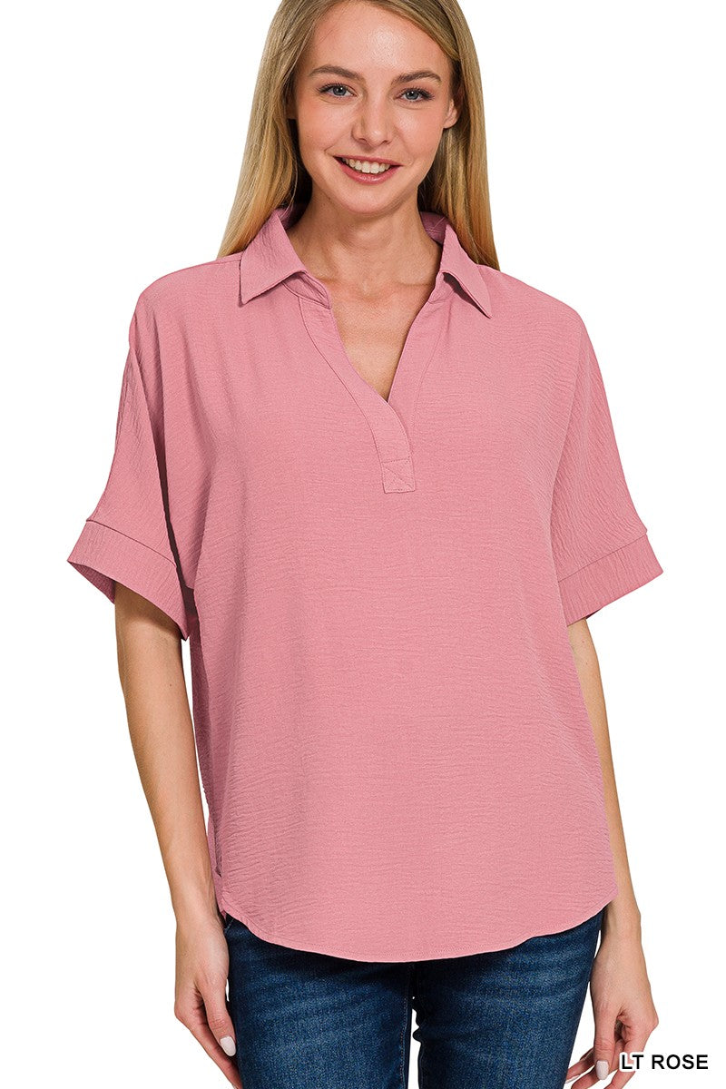 Woven Collard Top-Lt. Rose