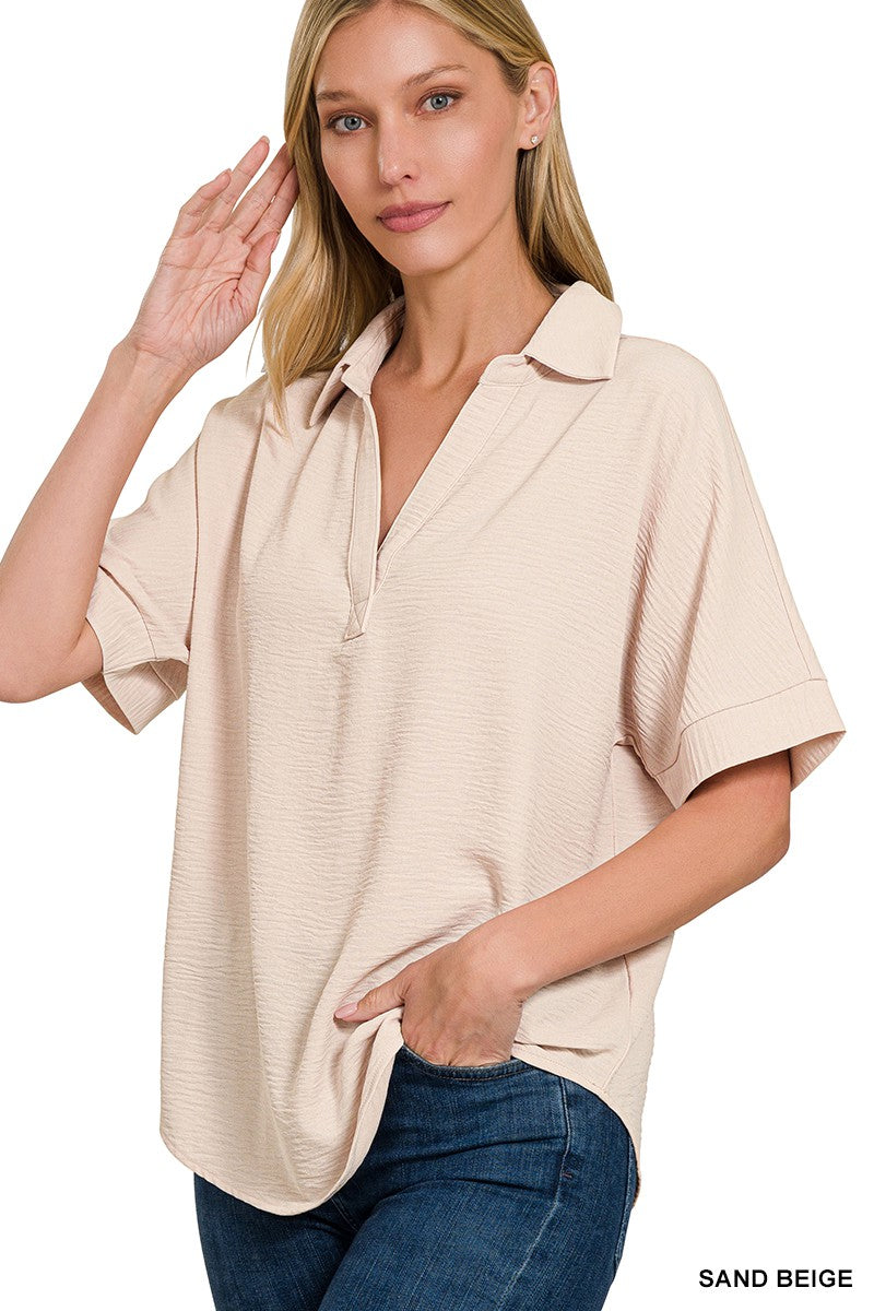Woven Collard Top-Sand Beige