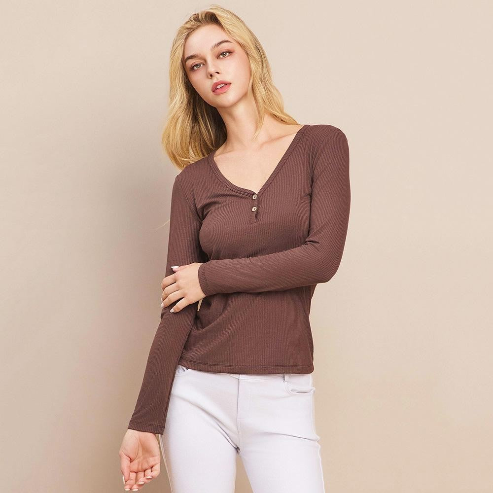 Ribbed V-Neck LS-Brown