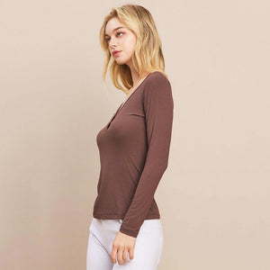 Ribbed V-Neck LS-Brown