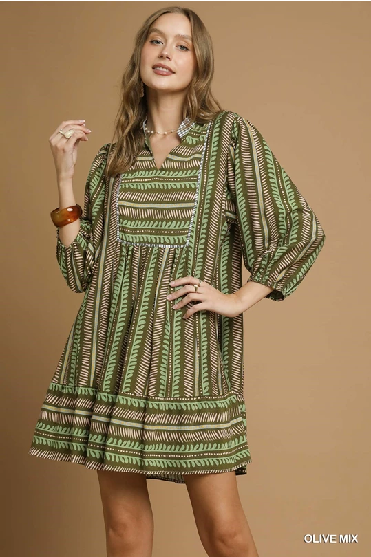 Aztec Babydoll Dress-Olive