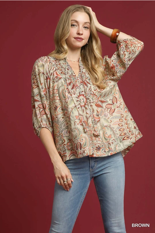 Floral Paisley Top-Brown