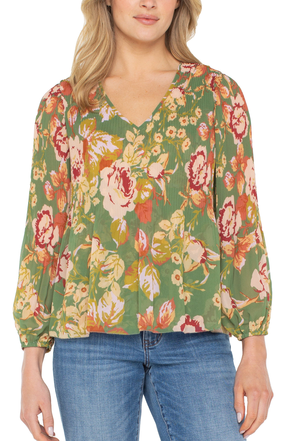 Liverpool-V-Neck Pleated-Green Multi