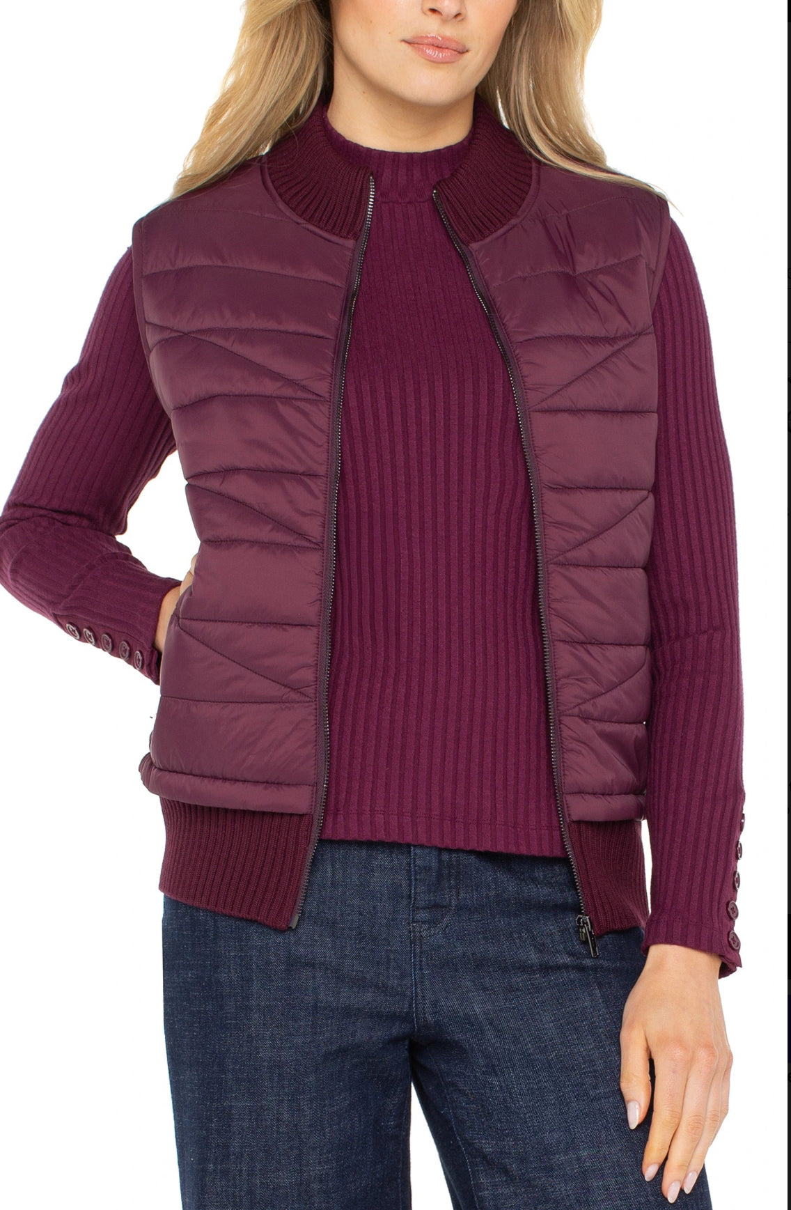 Liverpool-Quilted Front Sweater Vest-Wine